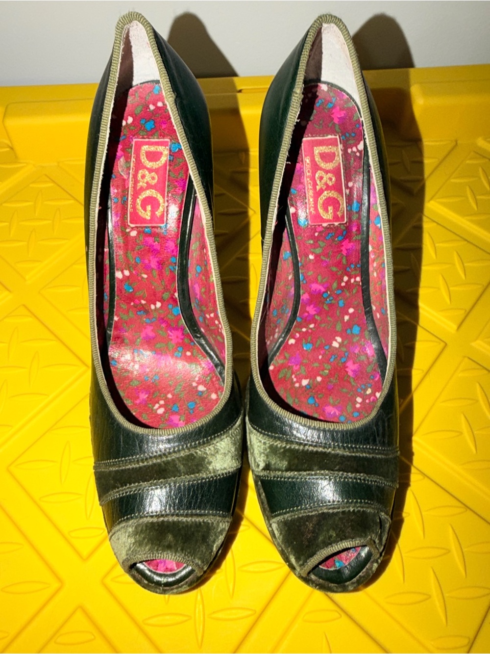 D&G Olive Green Velvet & Leather Peep-Toe Pumps